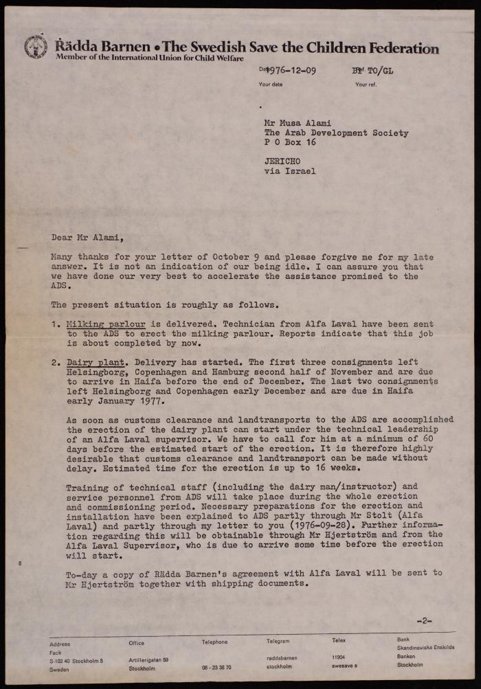 An Official Letter to Musa al-Alami from Radda Barhen and Tage Olihn, Sweden, 9 December 1976