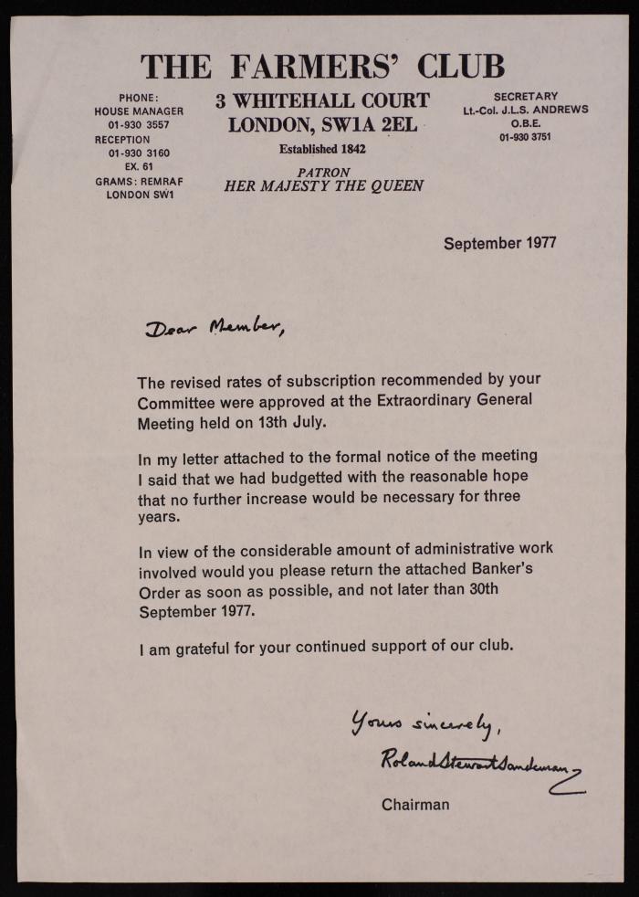 رسالة من نادي المزارعين إلى موسى العلمي، أيلول 1977