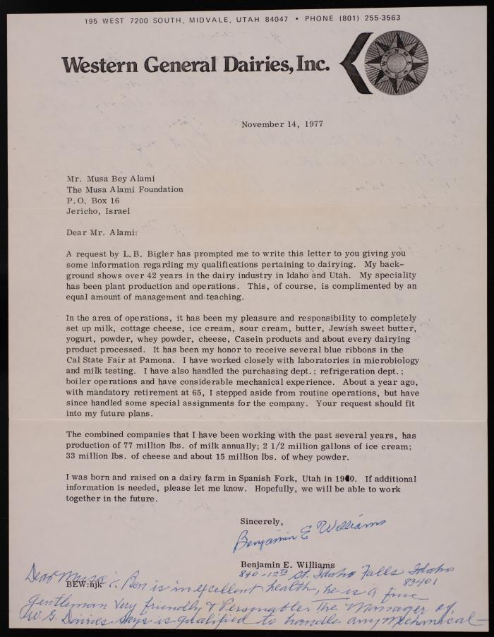 A Letter from Benjamin Williams to Musa Alami, 14 November 1977