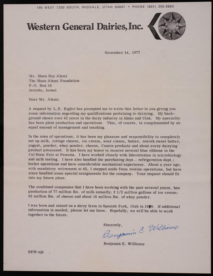 A Letter from Benjamin Williams to Musa Alami, 14 November 1977