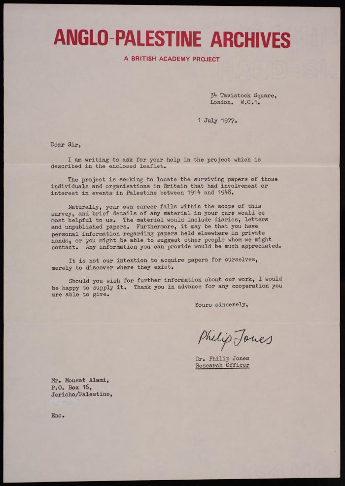 The Envelope of a Letter from Adam Court to Musa Alami, London, 19 December 1977