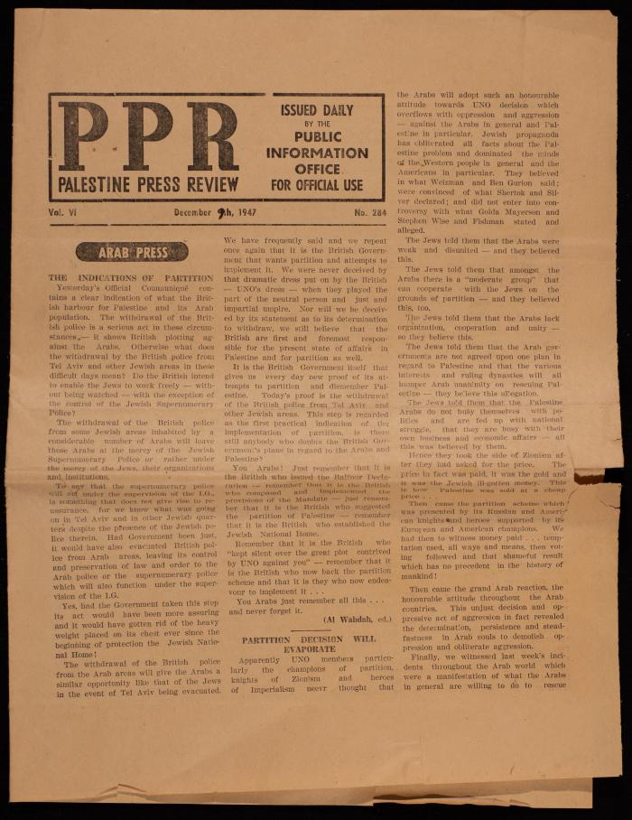 Issue 284 of the Palestine Press Review, 9 December 1947