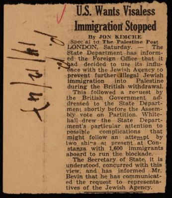 "U.S Wants Visaless Immigration Stopped", a Clipping from the Palestine Post, 1947