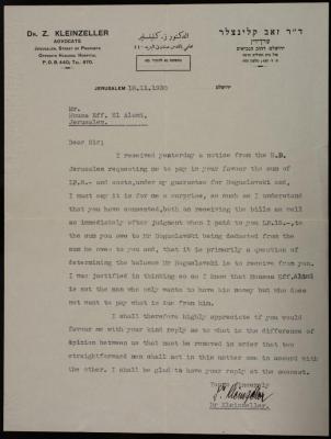 A Letter from Z. Kleinzeller to Musa Alami, Jerusalem, 18 November 1930