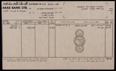 An Account Statement by the Arab Bank Ltd. for Musa Alami, 1976