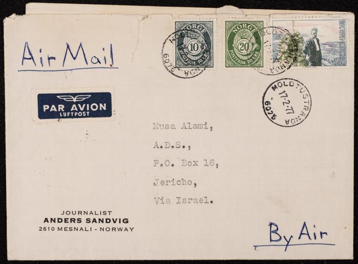 A Letter from Anders Sandvig to Musa Alami, Norway, 1977