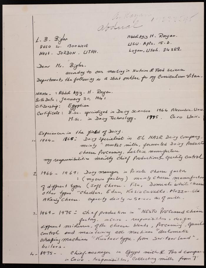 A Letter from I. Rayan to L. B. Bigler, (Logan- Utah), 15 December 1977