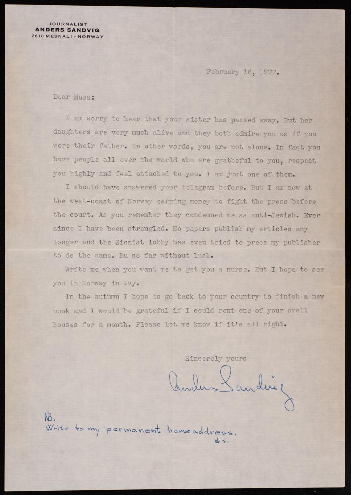 A Letter from Anders Sandvig to Musa Alami, Norway, 1977