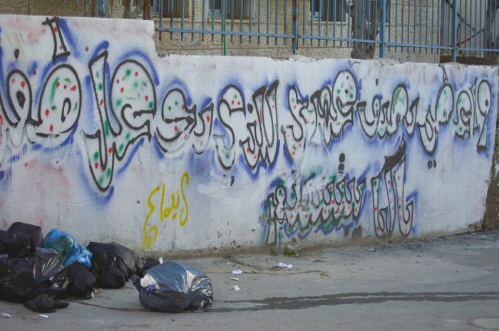 عبارات وطنية وشعارات على أحد الجدران في مخيم الدهيشة، بيت لحم، 2015