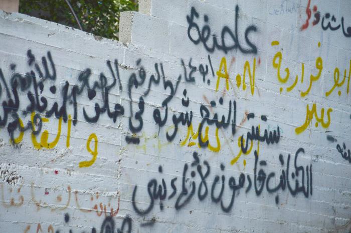 صورة لعبارات وشعارات وطنية على أحد الجدران في مخيم الدهيشة، بيت لحم، 2015
