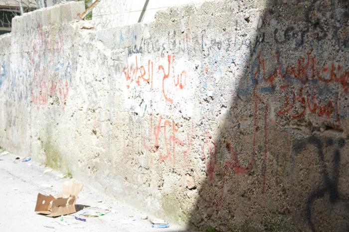 عبارات وطنية وشعارات على أحد الجدران في مخيم الدهيشة، بيت لحم، 2015