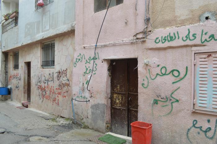 عبارات وطنية وشعارات على أحد الجدران في مخيم الدهيشة، بيت لحم، 2015