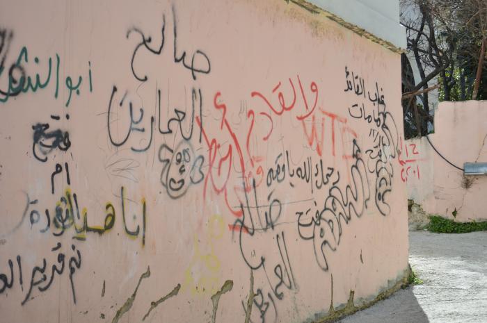 عبارات وطنية وشعارات على أحد الجدران في مخيم الدهيشة، بيت لحم، 2015