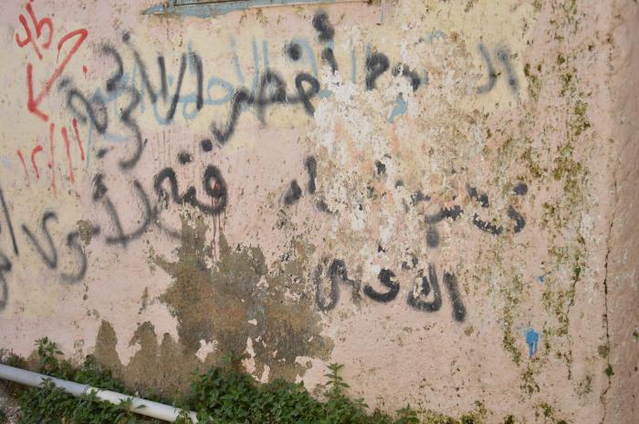 عبارات وطنية وشعارات على أحد الجدران في مخيم الدهيشة، بيت لحم، 2015
