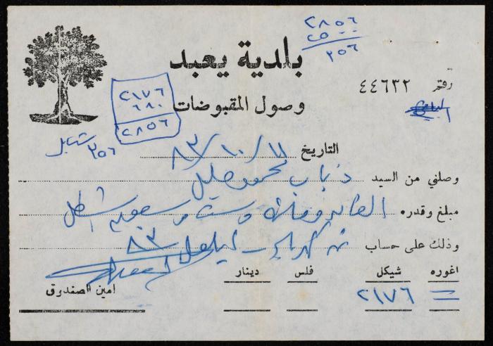  وصل مقبوضات صادر عن بلديَّة يعبد للسيد ذياب خليل، 1983
