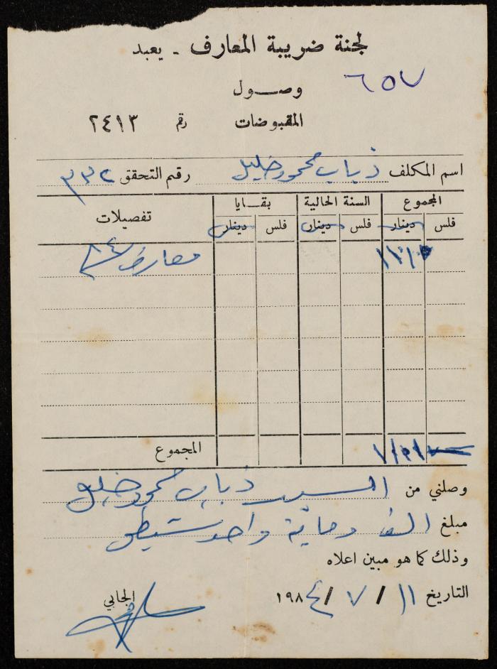 An Education Tax Receipt by Yaʿbad Municipality