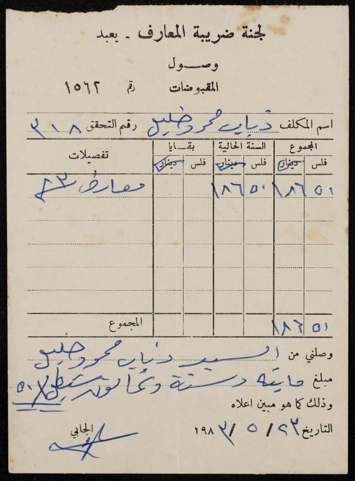 An Education Tax Receipt by Yaʿbad Municipality
