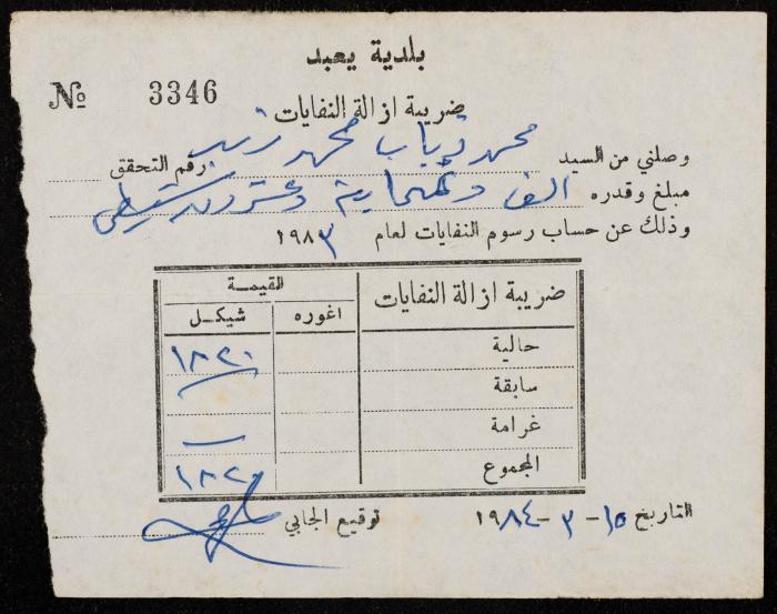 A Waste Clearing Tax Receipt by Yaʿbad Municipality 