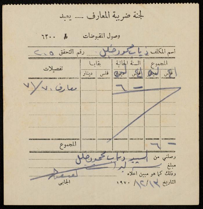 An Education Tax Receipt by Yaʿbad Municipality