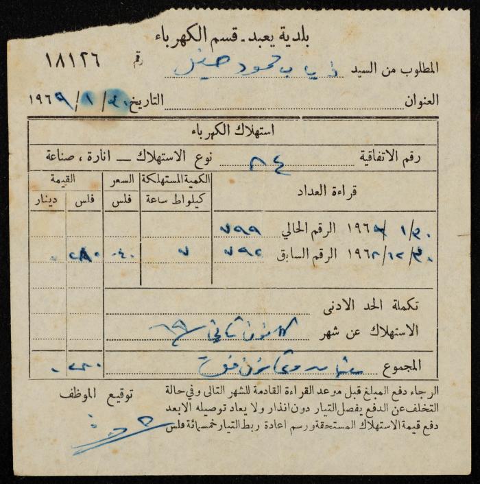 A Water Bill Invoice for Yaʿbad Municipality