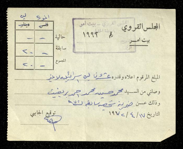 وصل دفع صادر عن مجلس قروي بيت أمر باسم محمد ابريغيث، 14 نيسان 1972