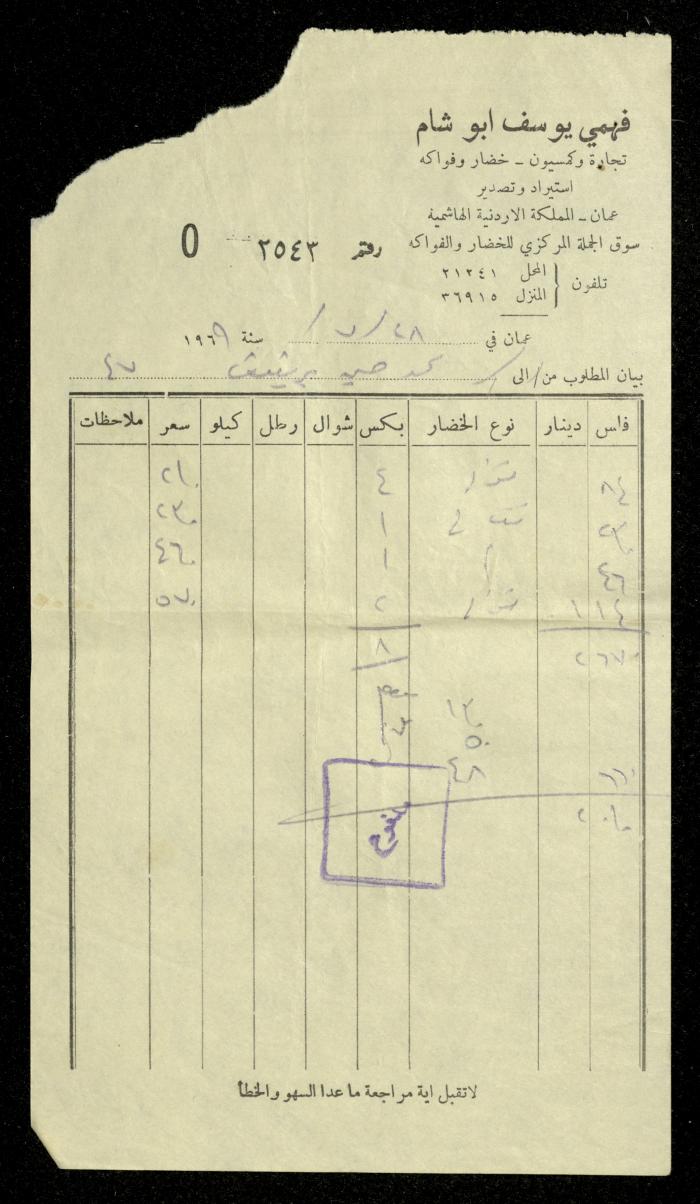 An Invoice by Fahmy Abu Sham Stores for Mohammad Ibregeith, 28 July 1969