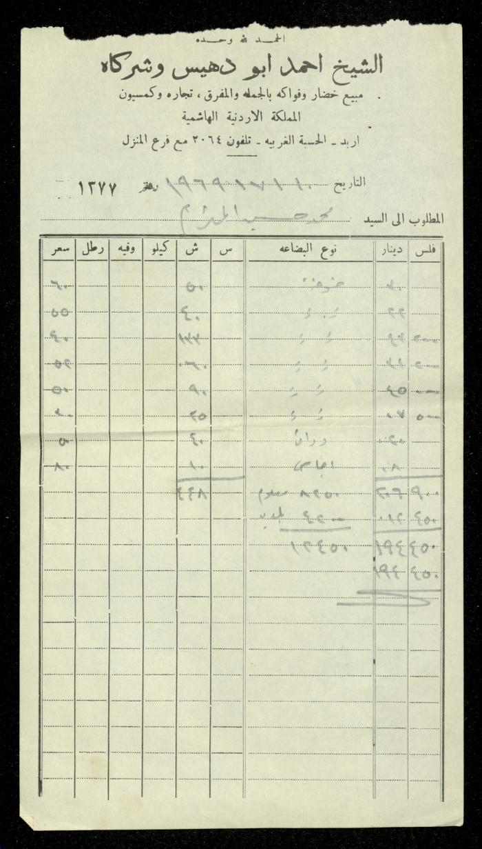 An Invoice by Sheikh Ahmad Abu Dhais Stores for Mohammad Ibregeith,10 July 1969. 
