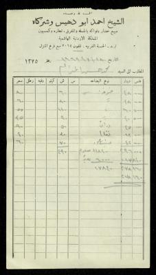 An Invoice by Sheikh Ahmad Abu Dhais Stores for Mohammad Ibregeith, 18 July 1969