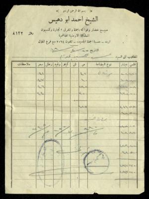 An Invoice by Sheikh Ahmad Abu Dhais Stores for Mohammad Ibregeith, 25 February 1969