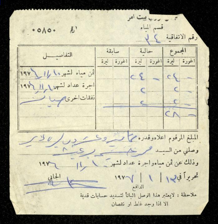 فاتورة مياه صادرة عن قسم المياه في مجلس قروي بيت أمر باسم محمد ابريغيث، 13 كانون الثاني 1977
