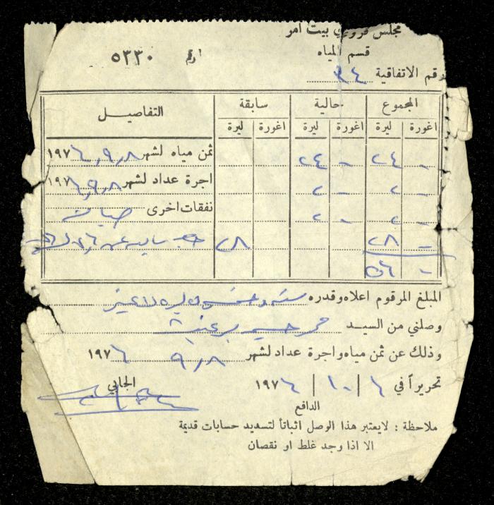 فاتورة مياه صادرة عن قسم المياه في مجلس قروي بيت أمر باسم محمد ابريغيث، 6 تشرين الأول 1976