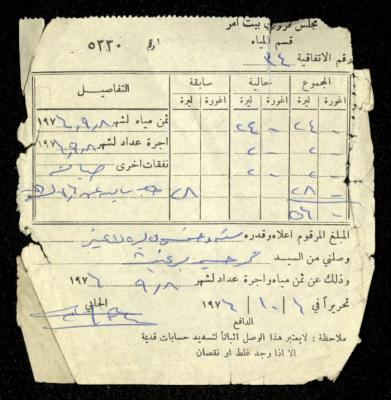 فاتورة مياه صادرة عن قسم المياه في مجلس قروي بيت أمر باسم محمد ابريغيث، 6 تشرين الأول 1976