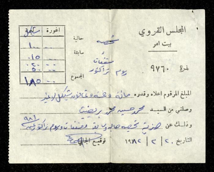 وصل دفع صادر عن مجلس قروي بيت أمر باسم محمد ابريغيث، 20 شباط 1982