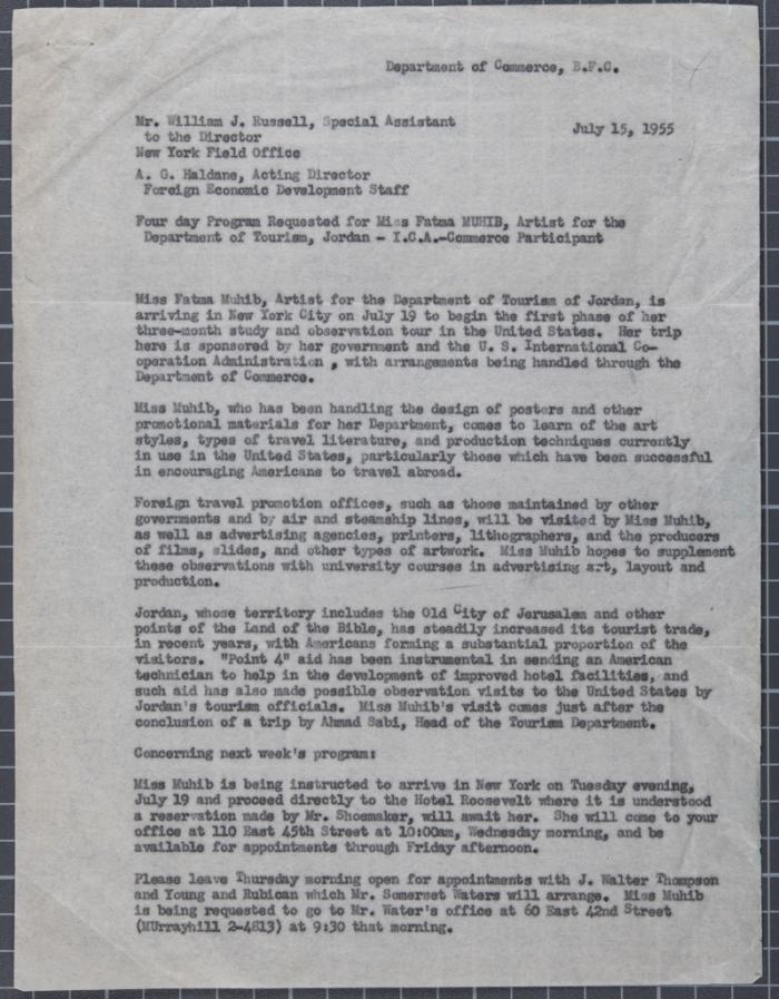 A Request for Coordinating an Art Tour for Fatima al-Muhib in the USA, 1955