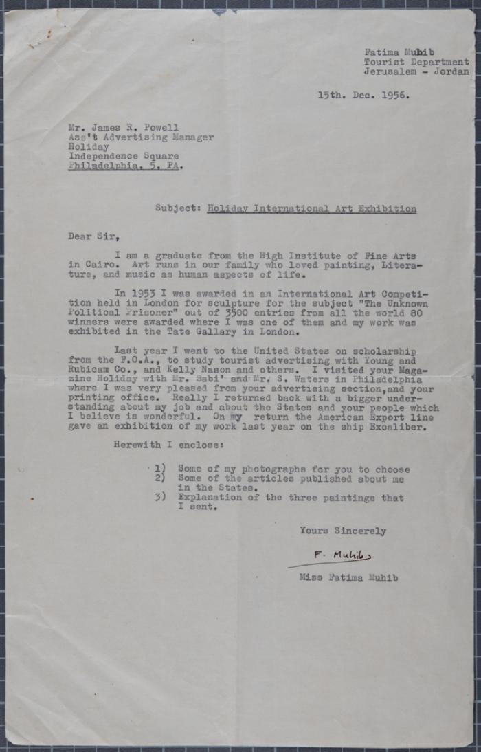 A Letter from Fatima al-Muhib to James Powell, Jerusalem, 1956