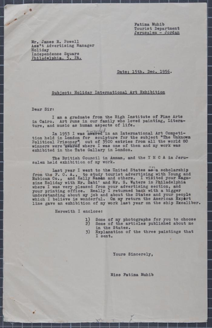 A Letter from Fatima al-Muhib to James Powell, Jerusalem, 1956
