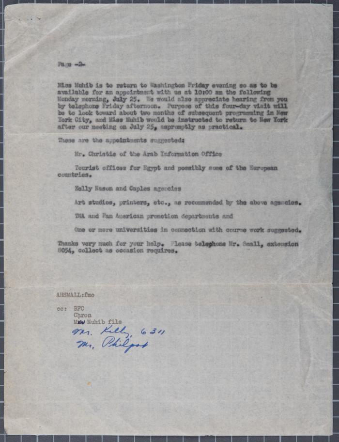 A Request for Coordinating an Art Tour for Fatima al-Muhib in the USA, 1955