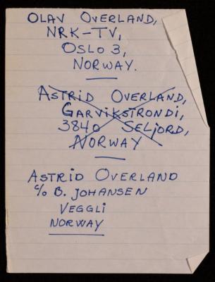 The Addresses of Olaf and Astrid Overland, Norway