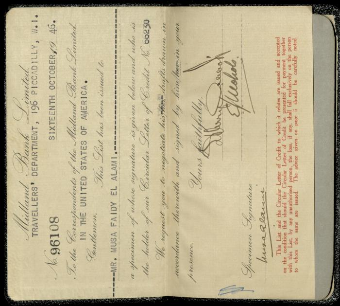 A Booklet by Midland Bank for Musa Alami, 19 October 1946