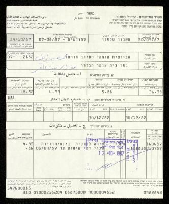فاتورة هاتف صادرة عن دائرة الاتصالات الهاتفية باسم محمد ابريغيث، 12 تشرين الأول 1987