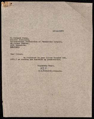 A Letter from Hanna Nakkara to the International Association of Democratic Lawyers, 1979