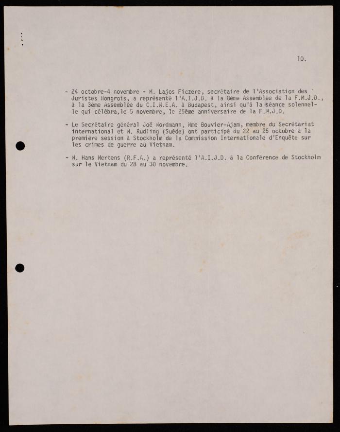 A Telegram by the International Association of Democratic Lawyers, Brussels, 1970