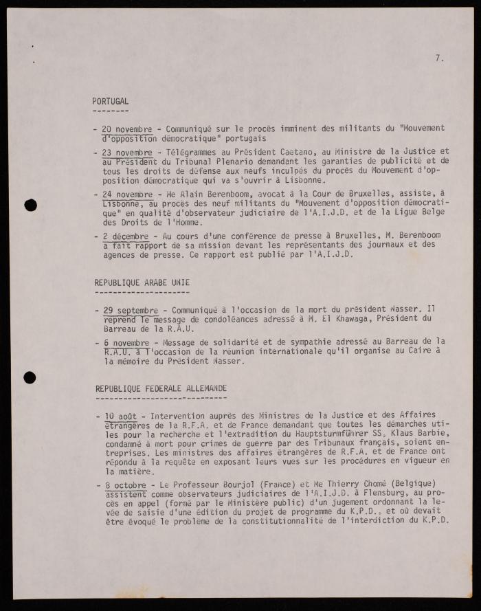 A Telegram by the International Association of Democratic Lawyers, Brussels, 1970