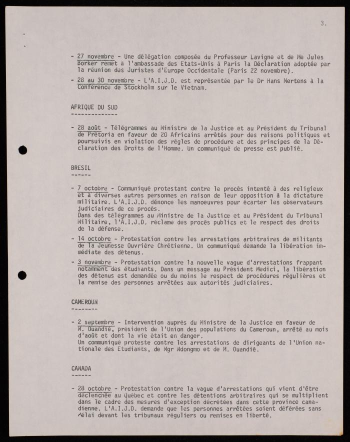 A Telegram by the International Association of Democratic Lawyers, Brussels, 1970