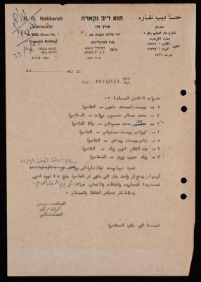 A Financial Claim by Hanna Nakkara, Haifa, 1966