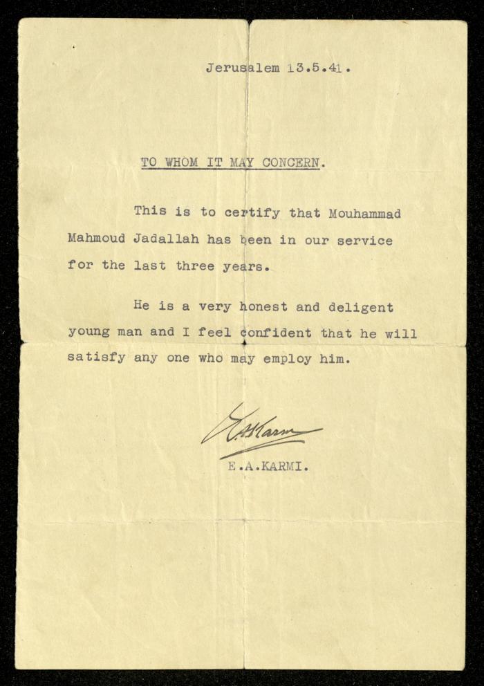 A Recommendation Letter Addressed to Muhammad Jadallah, 14 May 1941