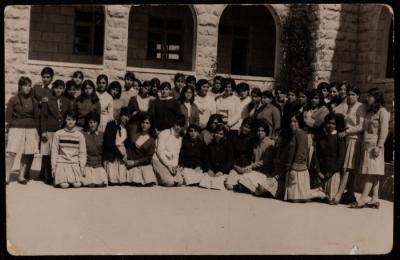 Fadeyyeh Darabe with Colleagues in Front of Hebron Secondary School, 1970 