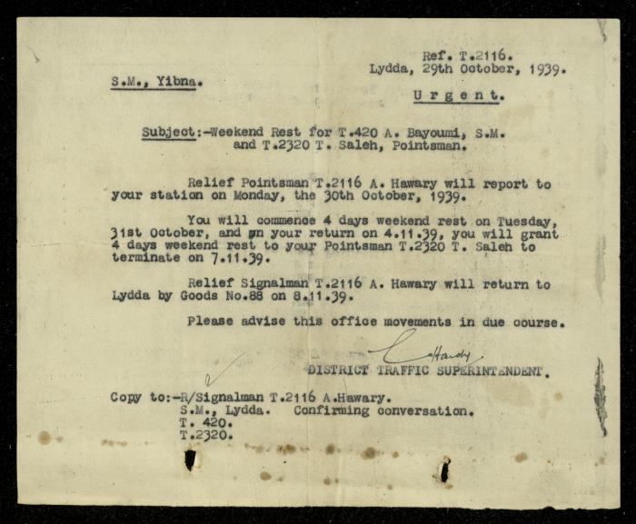 A Letter from the Traffic Superintendent in Lod to Ahmad Hiwwari, 29 November 1939