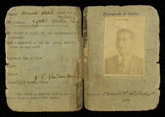 Driving License of Ahmad Hiwwari by the British Forces in Palestine, 13 March 1939