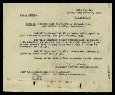 A Letter from the Traffic Superintendent in Lod to Ahmad Hiwwari, 29 November 1939
